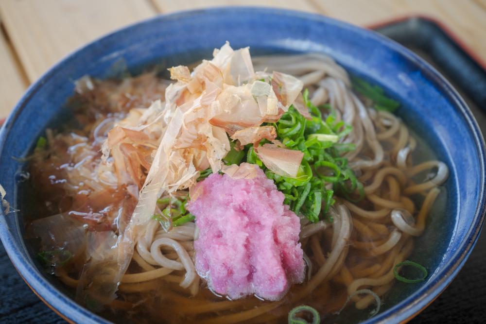 もち麦うどん500円。トッピングは畑で採れたネギと紫大根、そして鰹節
