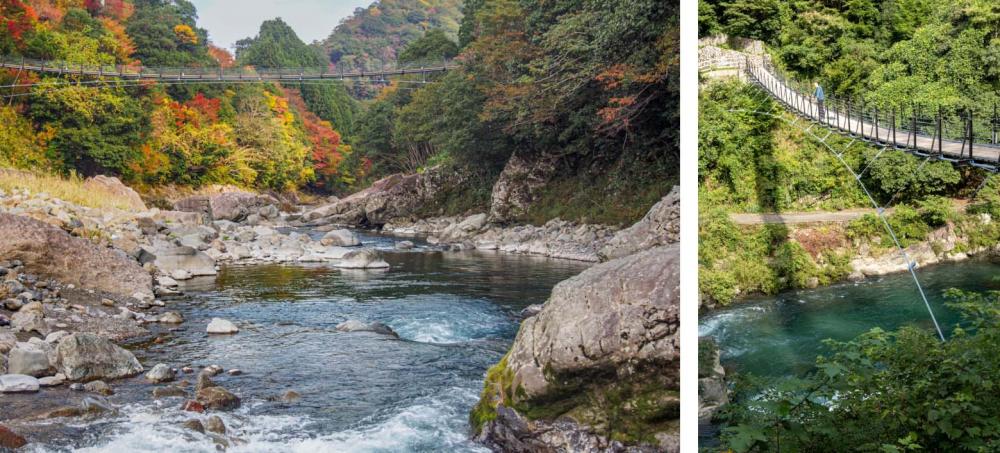 『月の宿』そばの「いろどり橋」。渡るとしなやかに揺れて、スリル満点