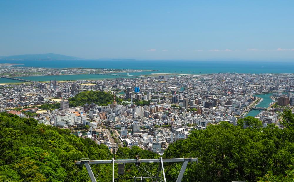 The view of Yoshino river, Tokushima city and Aawaji Island from Mt. Bizan