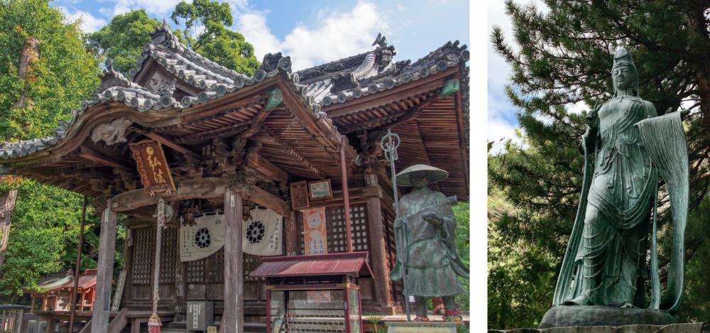 大師堂とその裏手にある「はたきり観音」は、寺名の由来にもなった伝説の機織り乙女が即身成仏した姿