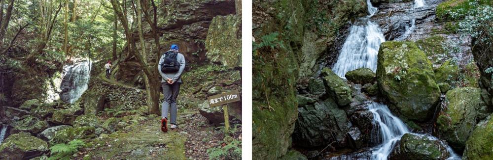 The water stream and small falls roar through the rock cliffs rising up sheer on both side of the trail