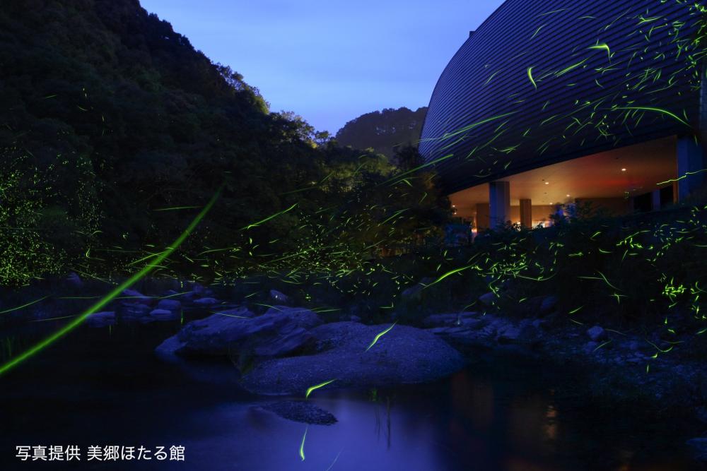 季節になると「美郷ほたる館」前の川でもホタルが見られる