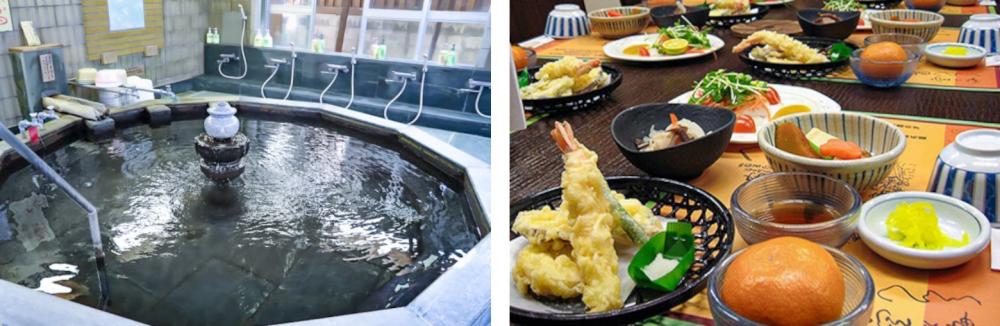 Tired pilgrims get recharged in the hot springs, Anrakuji shukubo serves meat and fish dishes