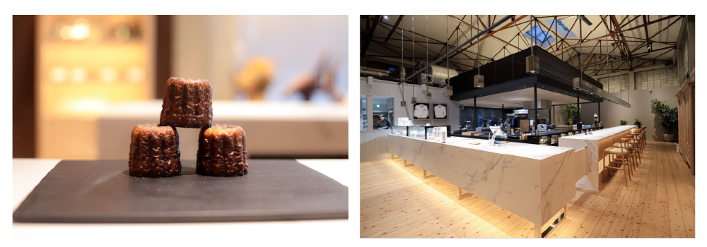  左／開店当初から人気の［Cannelé idéal（カヌレ・イデアル）］は、外はザクザク、中はもっちりとした食感。右／“スイーツの研究室”がコンセプトになった店内には、オープンキッチンが広がる