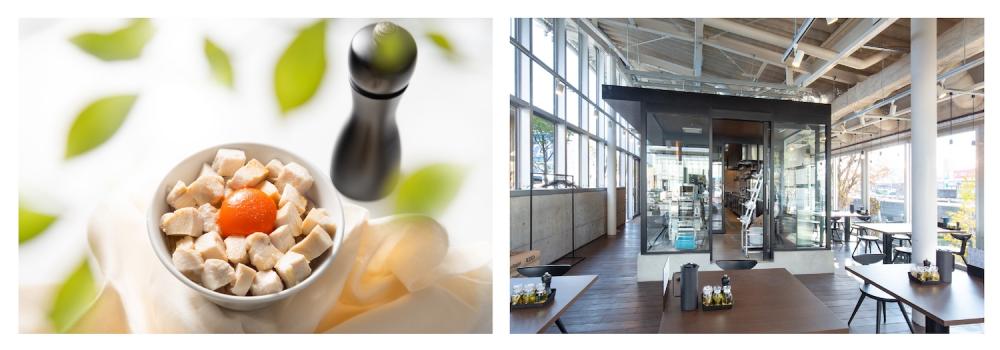  左／徳島の魅力を味わい尽くすなら、低温調理のしっとりチャーシューが贅沢にのった［阿波尾鶏丼］（650円）とのセットがおすすめ。右／カフェのようなお洒落な店内で、ゆったりと過ごせる（写真提供：とりとたい 鳴門店）