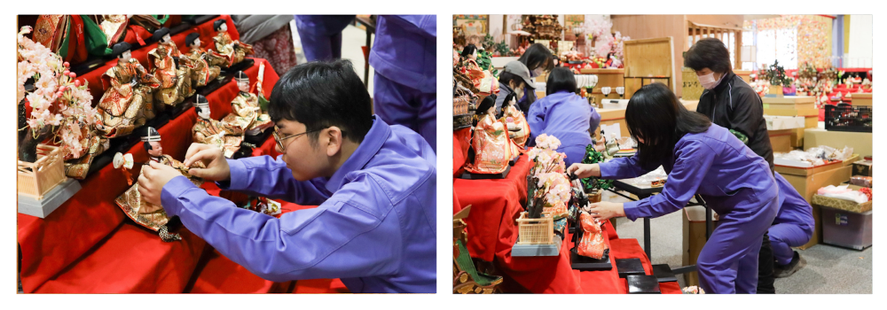  Under the expert guidance of Idobata Juku, a local community group, first-year students from the Katsuura Campus of Komatsushima Nishi High School can be seen arranging the displays. They aren't the only ones involved; local elementary school students also visit every year to help with the decorations. This hands-on experience allows the children to immerse themselves in the rich culture of Hina Matsuri and learn about it.
